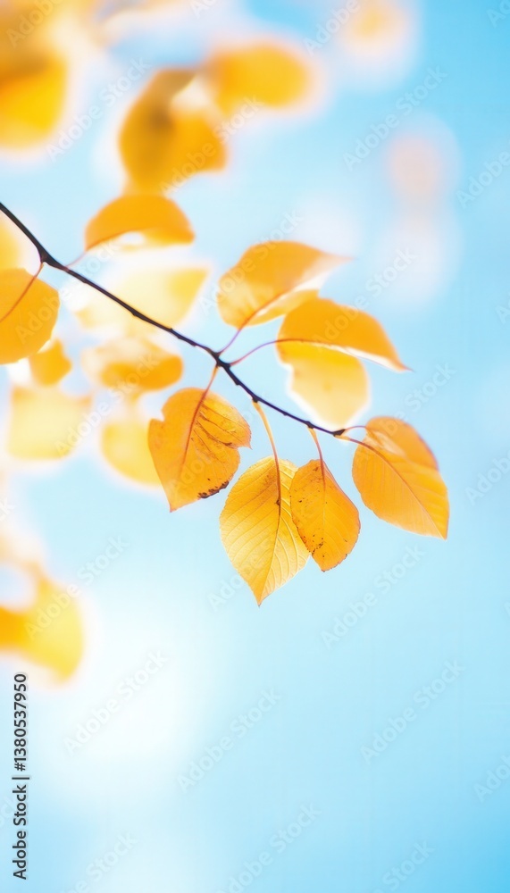 Obraz premium A close-up view of vibrant yellow autumn leaves gently swaying on a branch against a soft blue sky, creating a serene atmosphere, ideal for seasonal themes and nature-focused projects