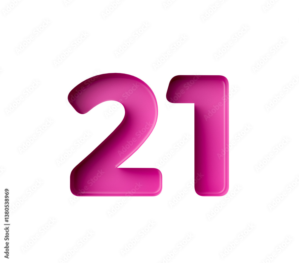 Vibrant pink number 21 Twenty one in bold gradient font with a slight shadow effect, 3d illustration Vibrant pink number 21 Twenty one in bold gradient font with a slight shadow effect, 3d illustration
