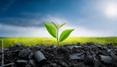 green plant sprout and biochar in the soil biochar increases the carbon content of the soil increasing its fertility and providing optimal conditions for plant growth