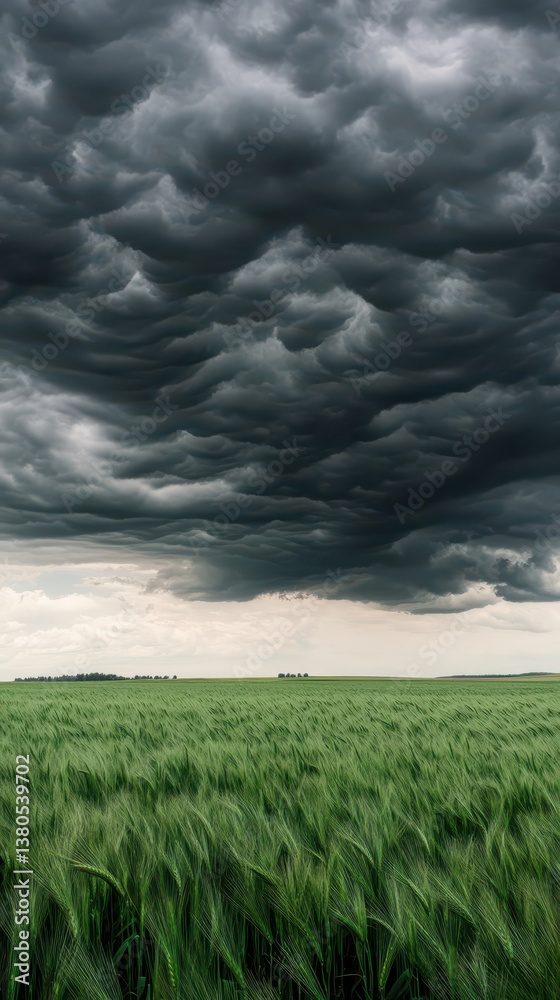 Dark, swirling clouds dominate the sky above a vibrant green field. The atmosphere is tense as rain seems imminent in the late afternoon light across the landscape Dark, swirling clouds dominate the sky above a vibrant green field. The atmosphere is tense as rain seems imminent in the late afternoon light across the landscape