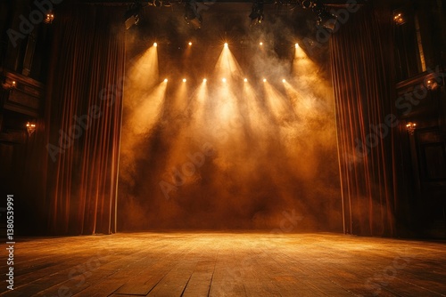 Bright stage lights illuminating smoke on theater stage