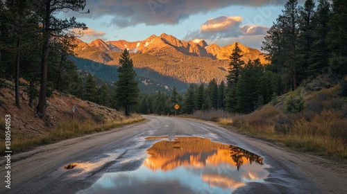 A golden-hour road trip with warm light reflecting on a mountainous backdrop in the mirror.