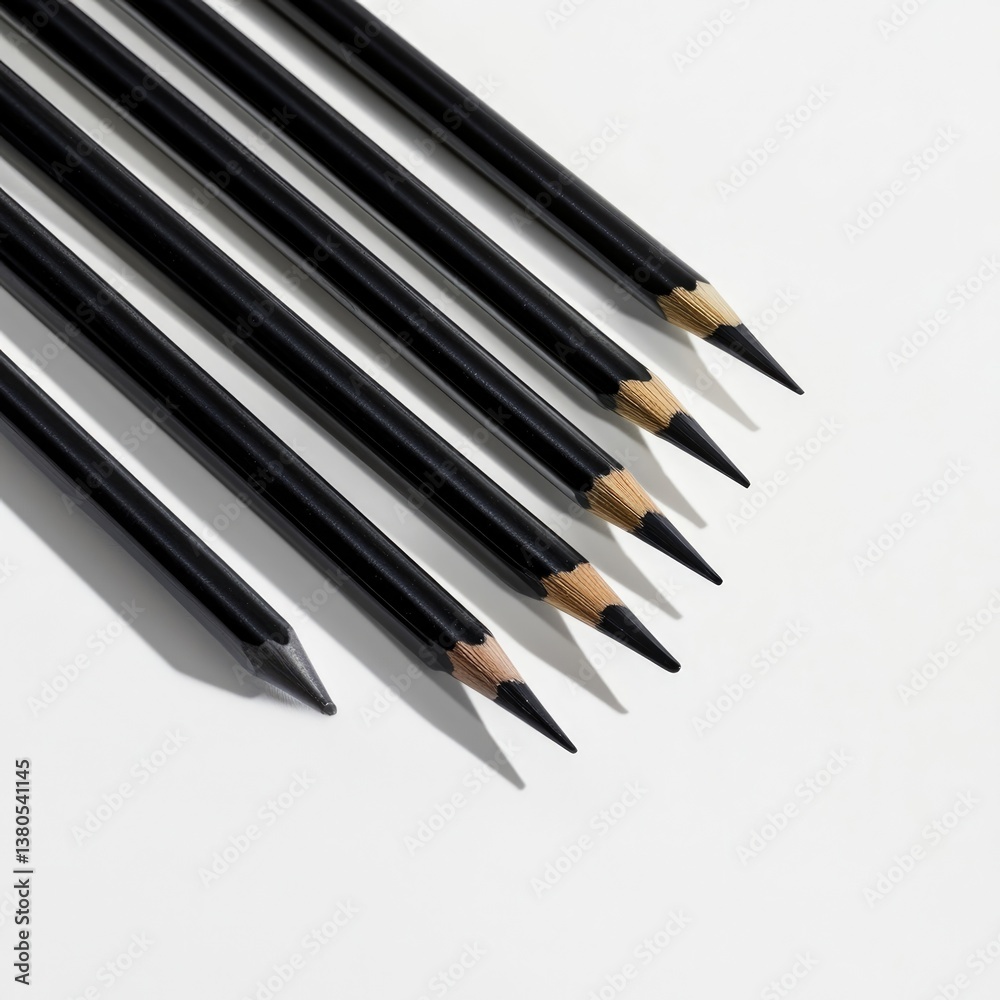 A detailed hyperrealistic image of black pencils in standard scale studio still life minimalist close-up A detailed hyperrealistic image of black pencils in standard scale studio still life minimalist close-up