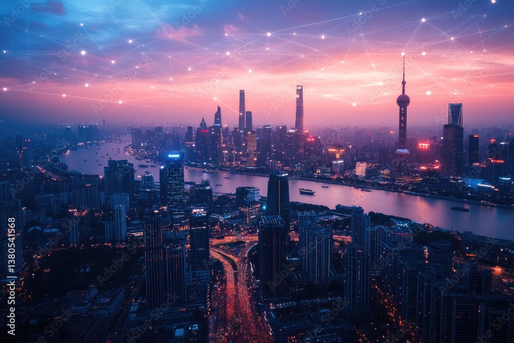 Fototapeta premium Network connecting shanghai skyline at dusk with illuminated buildings and river