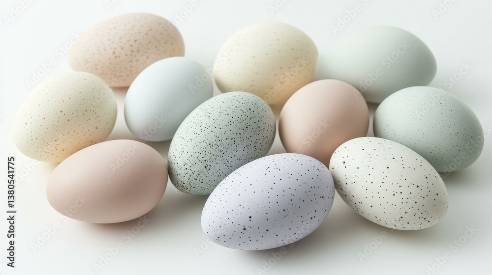 Speckled eggs collection pastel colors on white surface - minimalist natural still life Speckled eggs collection pastel colors on white surface - minimalist natural still life