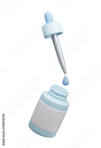 Blue 3D hydrating peptide facial serum essence beauty cosmetic product. Collagen oil serum bottle with pipette dropper and liquid drop 3D packaging design floating mockup. Skincare treatment makeup.