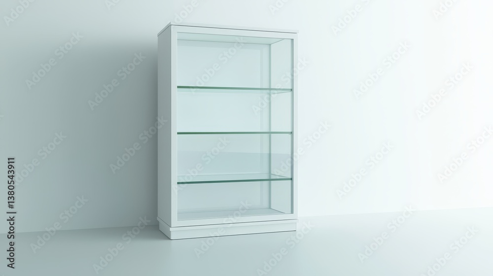 A sleek white display cabinet stands alone in a bright, minimalistic space. Its glass shelves offer a delicate display area, enhancing the light and airy feel of the room A sleek white display cabinet stands alone in a bright, minimalistic space. Its glass shelves offer a delicate display area, enhancing the light and airy feel of the room