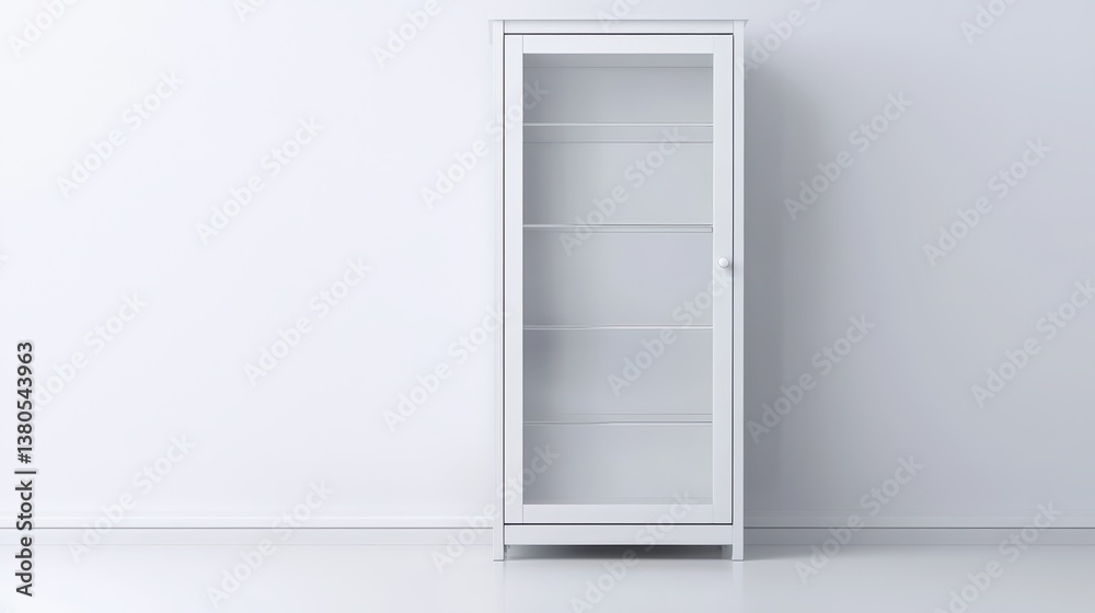 A simple white display cabinet with glass shelves stands alone against a smooth, light-colored wall. The design is minimalistic, emphasizing clean lines and elegance, ideal for showcasing items A simple white display cabinet with glass shelves stands alone against a smooth, light-colored wall. The design is minimalistic, emphasizing clean lines and elegance, ideal for showcasing items