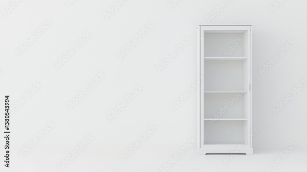 A simple white cabinet stands in an empty, bright room with light walls. Its four shelves are vacant, highlighting the minimalist design and open space A simple white cabinet stands in an empty, bright room with light walls. Its four shelves are vacant, highlighting the minimalist design and open space