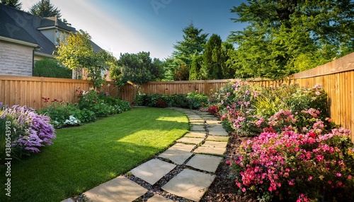 lush backyard garden with vibrant flowers lush lawn stone path and wooden fence on a sunny day