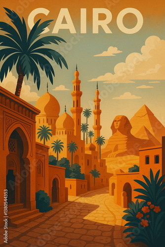 Vintage travel poster illustration of Cairo, Egypt featuring iconic architecture and landscapes. Retro style tourism art, perfect for travel, adventure, and wanderlust concepts.


