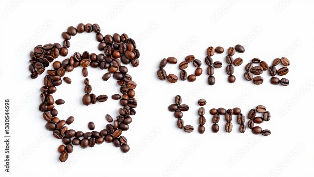 Ringing alarm clock and phrase Coffee Time made of coffee beans. Ringing alarm clock and phrase Coffee Time made of coffee beans.