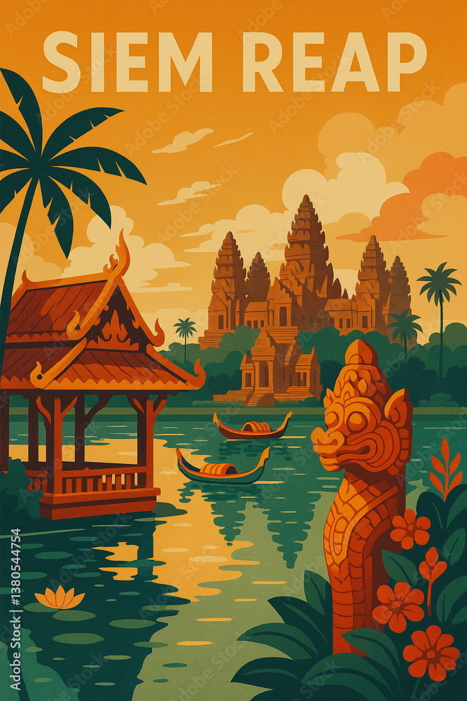 Naklejka premium Vintage travel poster illustration of Siem Reap, Cambodia featuring iconic architecture and landscapes. Retro style tourism art, perfect for travel, adventure, and wanderlust concepts.