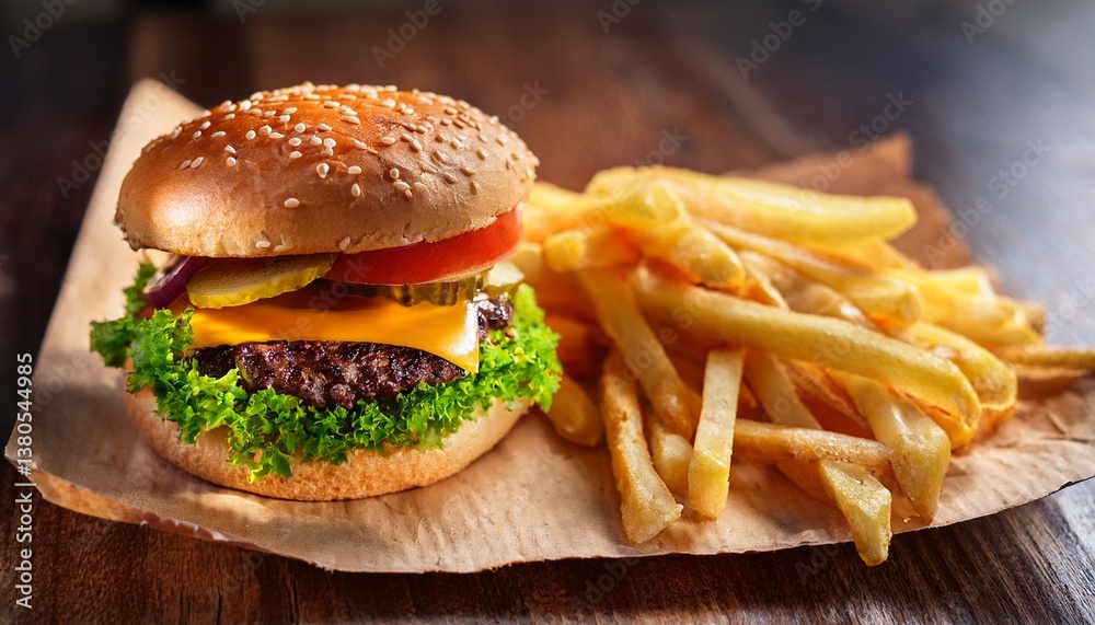 fresh and tasty american homemade hamburger with vegetable and cheese ready to eat and french fries fresh and tasty american homemade hamburger with vegetable and cheese ready to eat and french fries