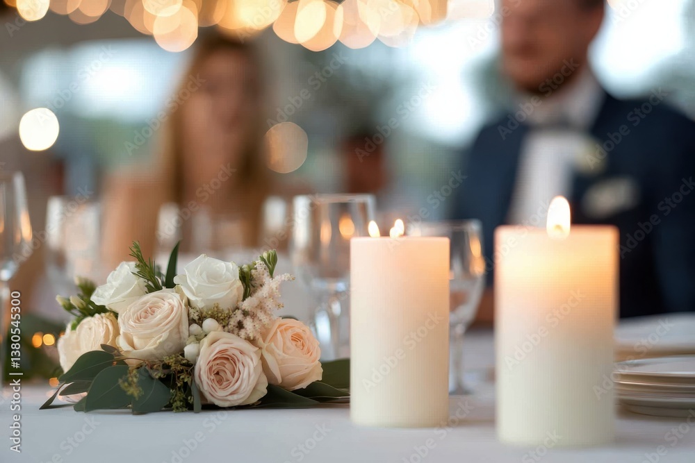 Obraz premium An intimate dining scene featuring flickering candles and elegant roses, perfect for creating a warm and romantic atmosphere for shared moments and celebrations.