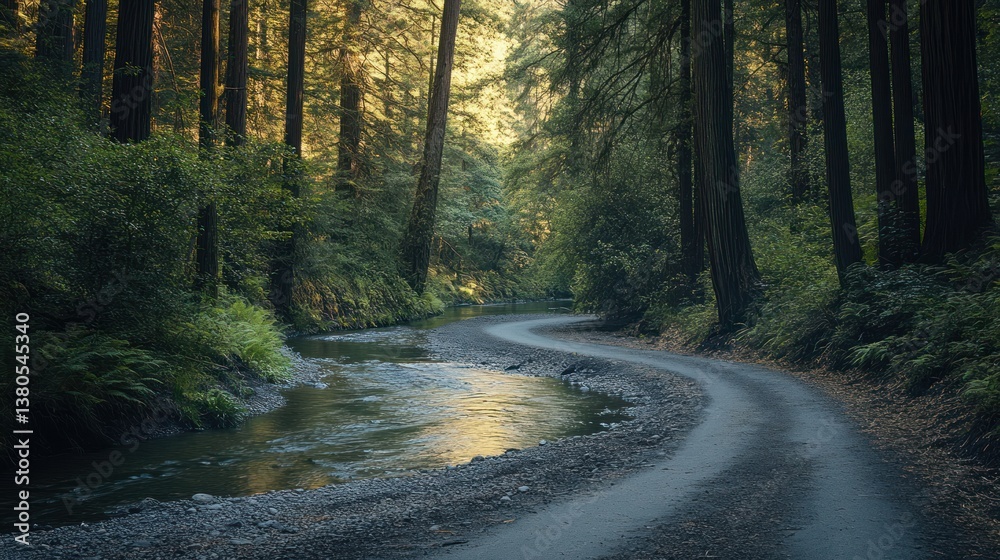 Naklejka premium Tranquil river winding through a vibrant ancient forest ecosystem landscape
