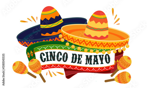 Cinco de Mayo holiday banner with sombrero and maracas, Isolated on transparent white background. 5 de Mayo or the fifth of May. Celebration Mexican victory at 1862 May, 5th and history heritage