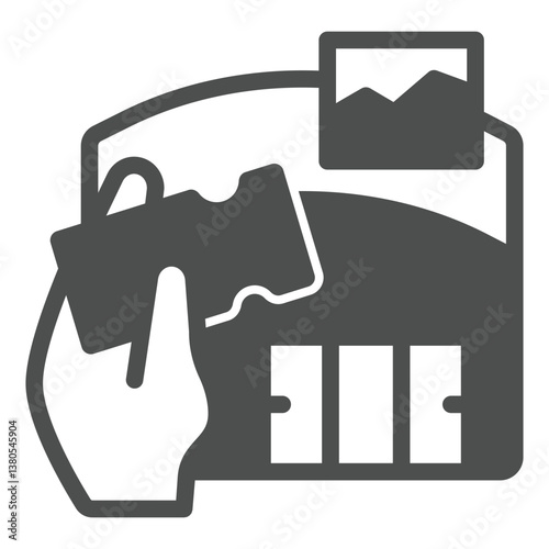 Exhibition center hall and hand with ticket solid icon, exhibition concept. Vector graphics. Building, presentation hangar sign on white background, glyph style icon for mobile or web design.