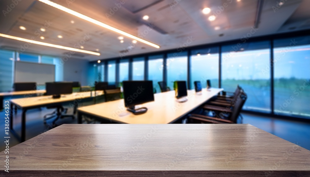 a are foreground surface with modern the a ceiling a desk there the office that space or blurred background light colored evenly table focus a in is and spaced possibly features round lights several a are foreground surface with modern the a ceiling a desk there the office that space or blurred background light colored evenly table focus a in is and spaced possibly features round lights several