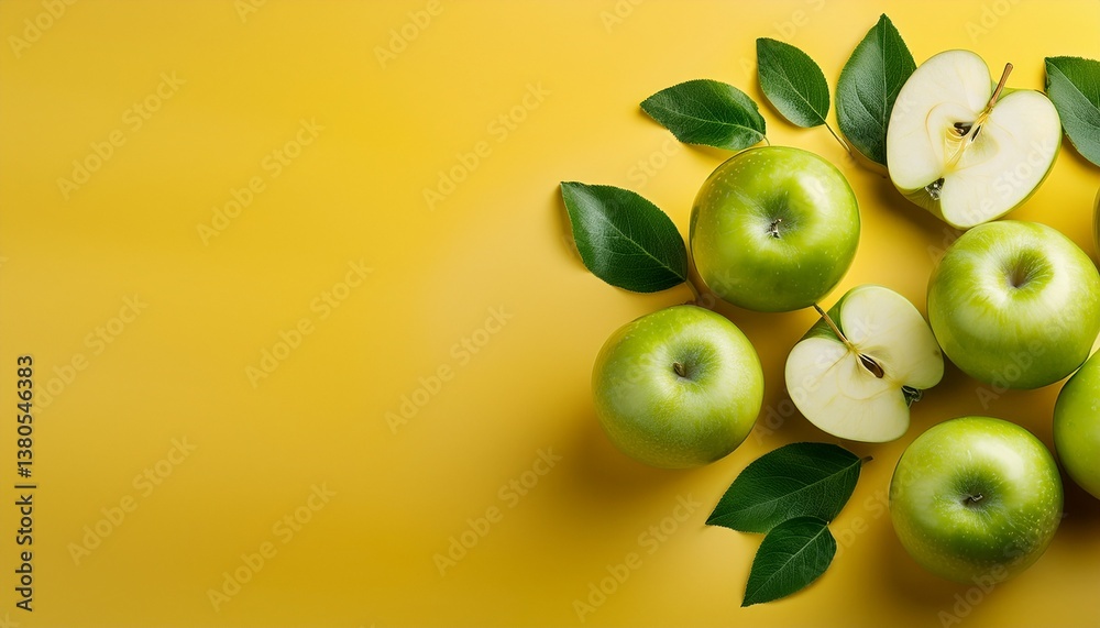 Obraz premium fresh green apples sliced with leaves on bright yellow background