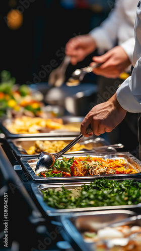 Fototapeta Naklejka Na Ścianę i Meble -  Gros plan sur la mains d'un cuisinier en train de faire le service du buffet pour une réception.