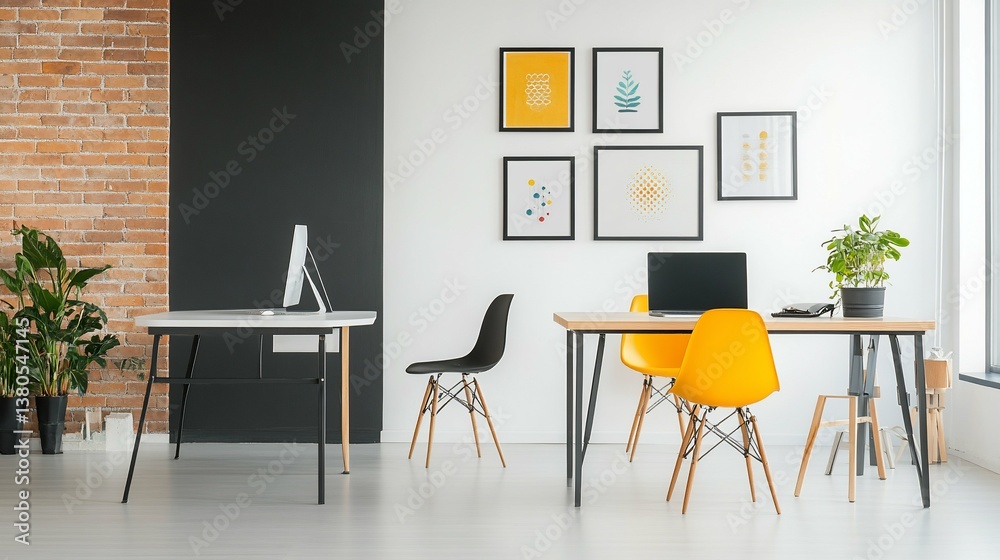 Fototapeta premium Modern Minimalist Office Workspace with Yellow Chairs