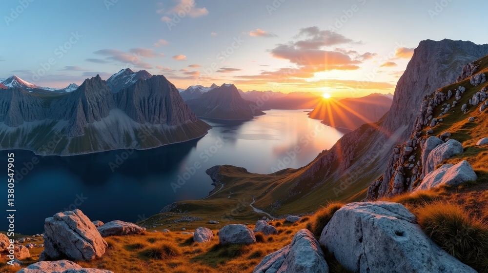 Fototapeta premium Sunny Dalsnibba viewpoint in Norway during dawn, showing natural mountain views from a panoramic perspective.