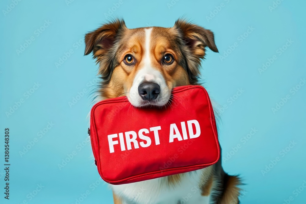 Cute Australian Shepherd dog with first aid kit on blue background.