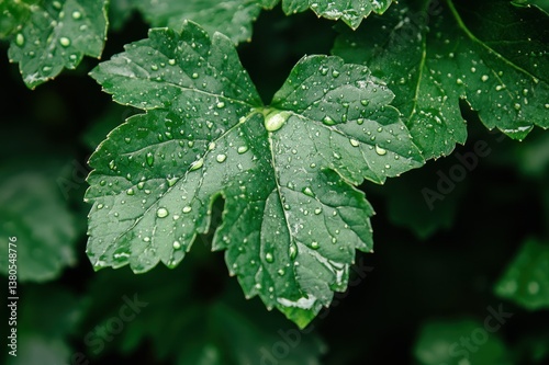 Close-Up View of Fresh Green Leaves Covered in Dew Drops in a Lush Natural Setting