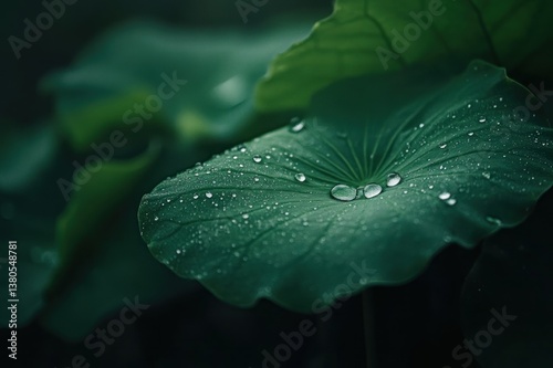 Dewy Green Lotus Leaves with Water Droplets in a Calm Natural Setting