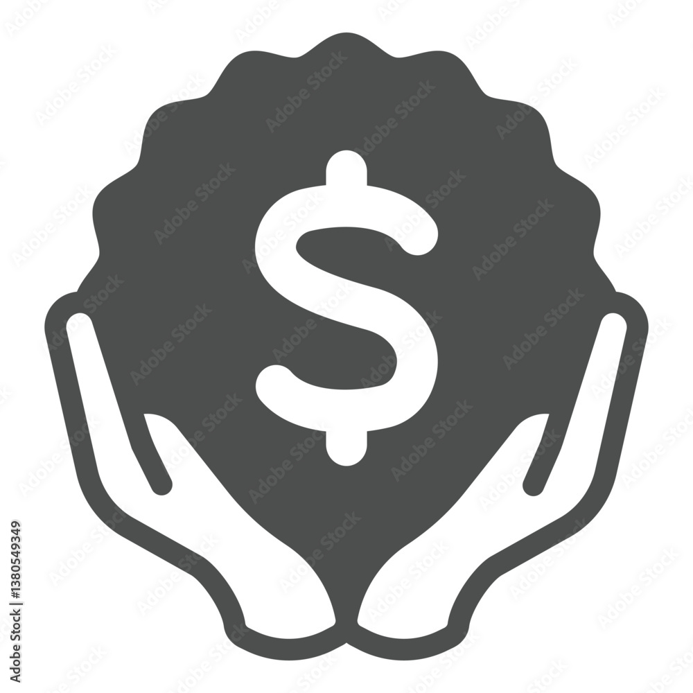 Hands with dollar sticker solid icon, exhibition concept. Vector graphics. Selling tickets, monetization sign on white background, glyph style icon for mobile or web design. Hands with dollar sticker solid icon, exhibition concept. Vector graphics. Selling tickets, monetization sign on white background, glyph style icon for mobile or web design.