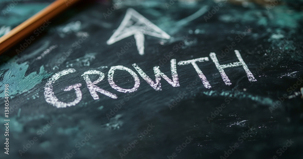 Fototapeta premium A chalkboard displaying the word 'Growth' with an upward arrow, symbolizing progress and development.