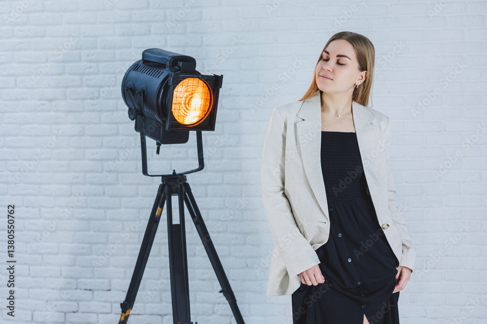 A Fashionable Model Posing Gracefully and Elegantly Beside a Bright Spotlight in a Minimalist Studio Setting, Showcasing Artistic Clothing and Stylish Attire that Captivates the Viewer