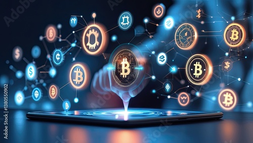Hologram emerging from smartphone, tablet, computer, and smartwatch – future concept, internet marketing, technology, AI, security, digital interface, innovation