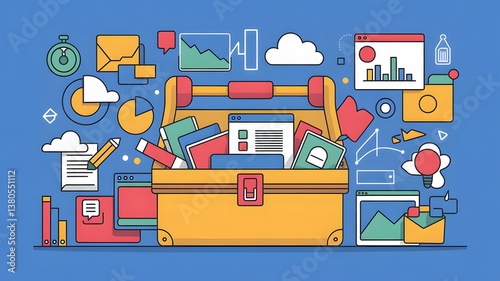 Productivity Tools: A digital toolkit filled with various software icons and apps, symbolizing productivity tools in business.	