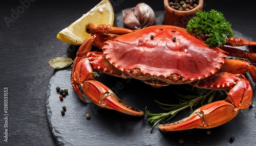 cooked crabs with spices and herbs on slate table sea food