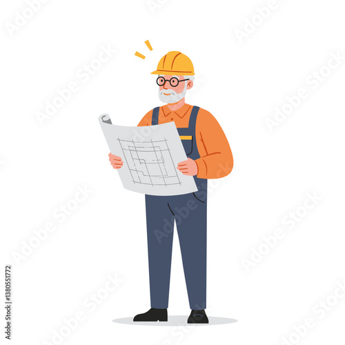 Senior engineer examining blueprint with enthusiasm  