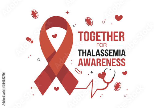 Thalassemia Awareness Red Ribbon Vector Design for Social Media, T-shirt, Sticker, Poster, Print Card, and Animated GIF – Solid Color, No Gradient, Vector Illustration for Campaigns
