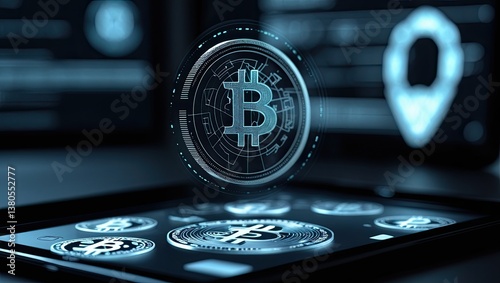 Hologram emerging from smartphone, tablet, computer, and smartwatch – future concept, internet marketing, technology, AI, security, digital interface, innovation