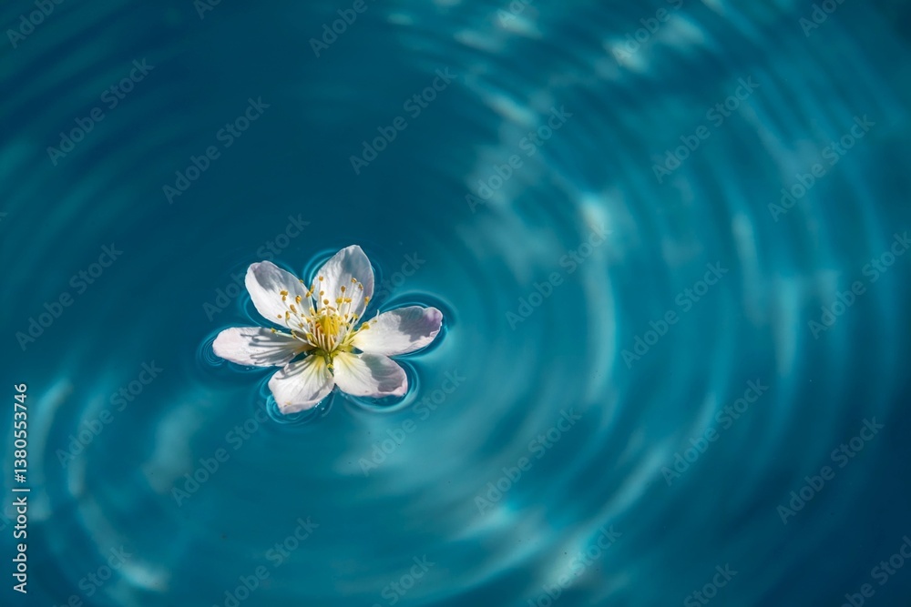 Single white blossom floating on serene blue water Single white blossom floating on serene blue water