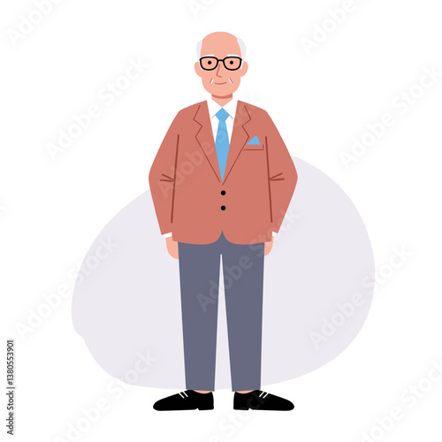 Elderly man standing confidently in a stylish outfit on a subtle backdrop  