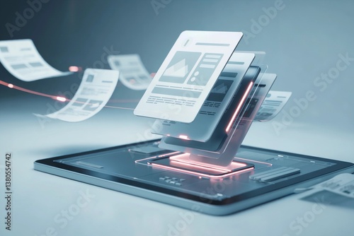Digital Illustration of Floating Paper Sheets Above a Device  