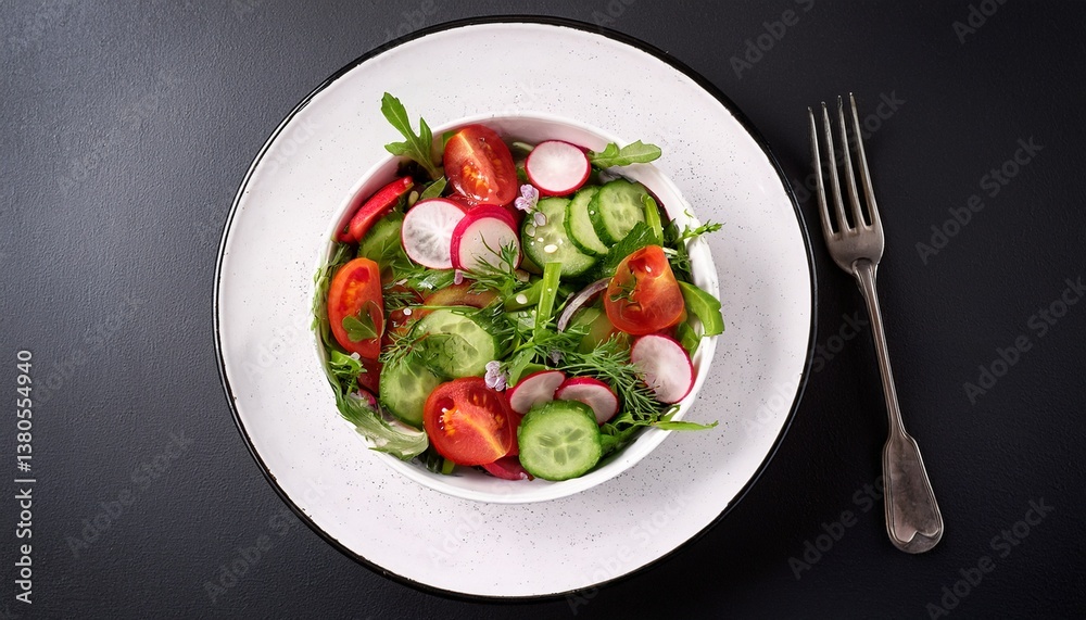 fresh vegetable salad with cucumbers tomatoes radishes greens and a fork on a black background fresh vegetable salad with cucumbers tomatoes radishes greens and a fork on a black background