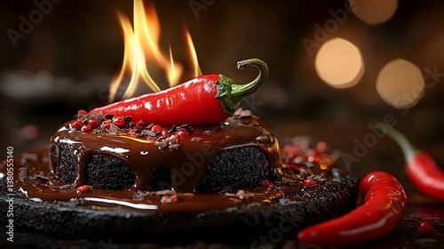 Fototapeta Naklejka Na Ścianę i Meble -  Fiery fusion of chili and chocolate with dramatic flames