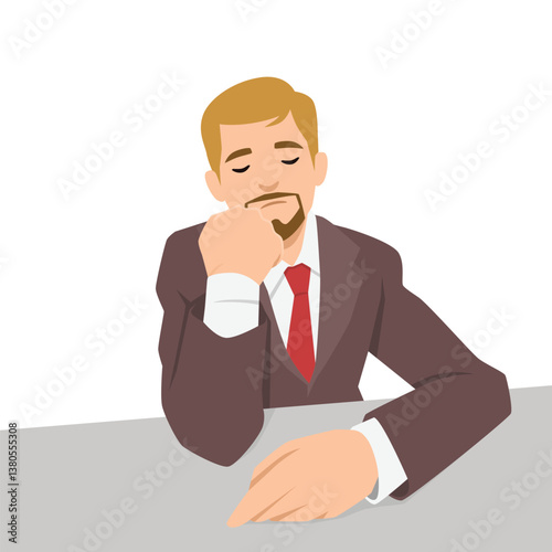 Man in a suit and red tie rests his head on his hand with closed eyes, bored or deep in thought. Flat vector illustration isolated on white background