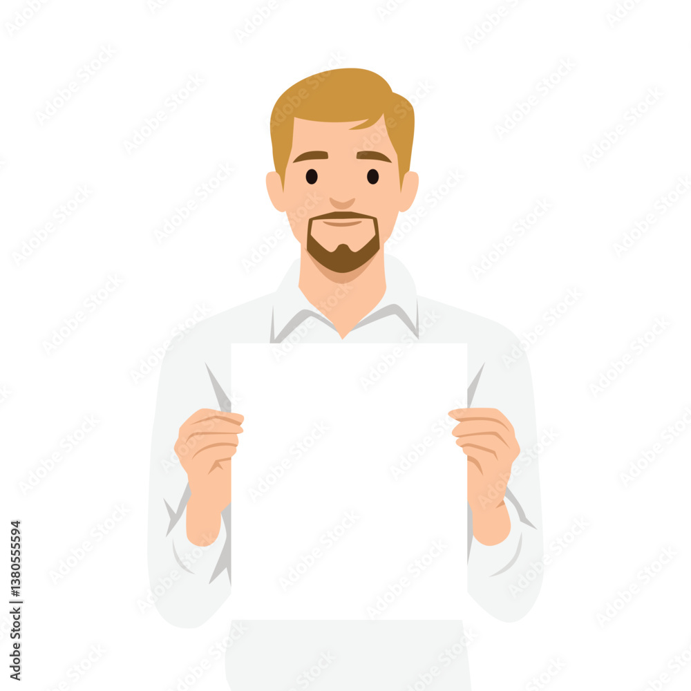 Man with a beard and short hair is holding a blank white sign in front of him. Flat vector illustration isolated on white background Man with a beard and short hair is holding a blank white sign in front of him. Flat vector illustration isolated on white background