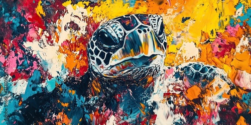 Colorful sea turtle painting underwater art gallery of marine life in abstract style