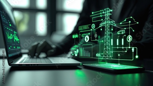 Hologram emerging from smartphone, tablet, computer, and smartwatch – future concept, internet marketing, technology, AI, security, digital interface, innovation