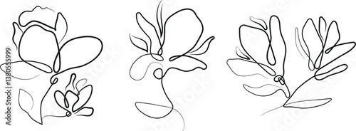 set of simple icons of various magnolia flower buds in line art style drawn with a black outline, for tattoos, logos or other designs