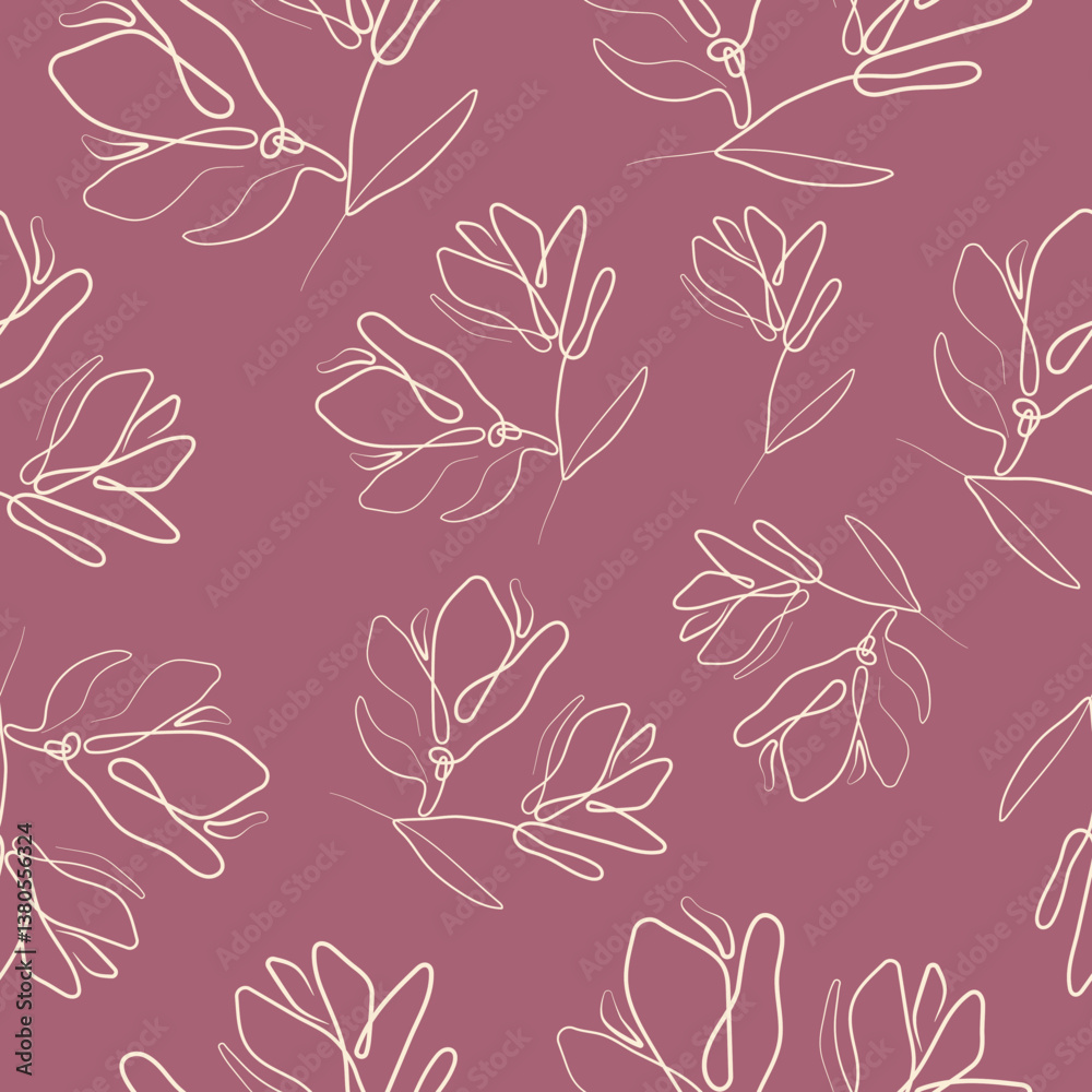pink seamless pattern with flower buds, namely with magnolia flowers on branches in line art style pink seamless pattern with flower buds, namely with magnolia flowers on branches in line art style